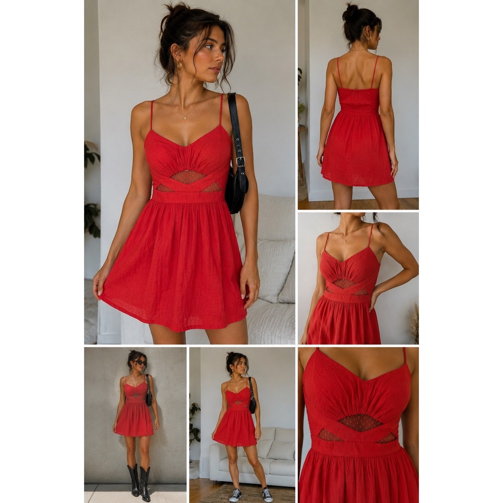Jodi Kristopher Red Mesh Cut Out Mini Dress Double Strap Size 3